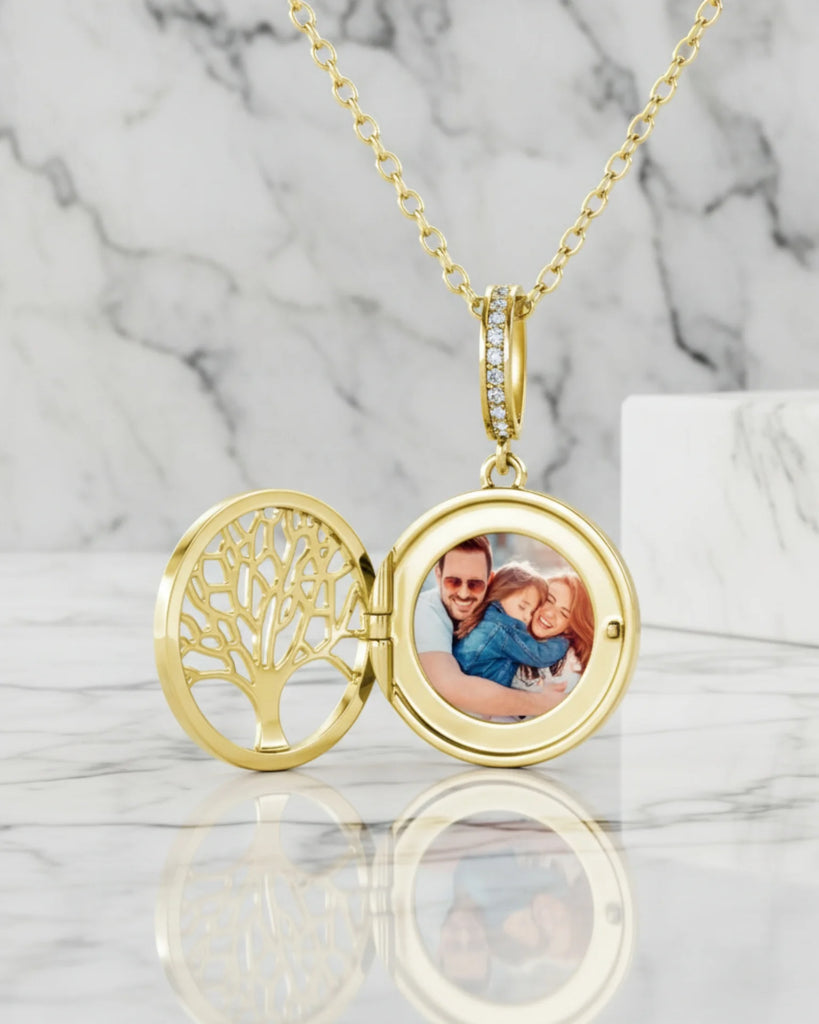 Personalised Tree of Life Locket Necklace - Engraved Sterling Silver Photo Charm
