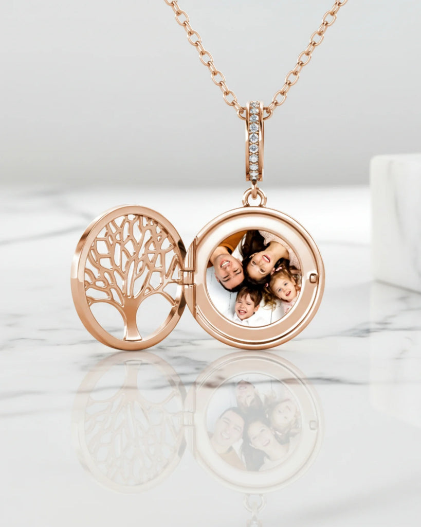 Personalised Tree of Life Locket Necklace - Engraved Sterling Silver Photo Charm