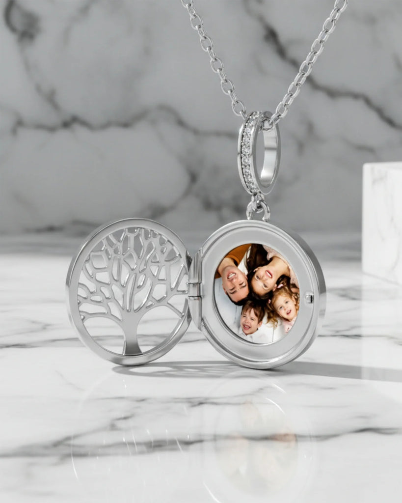 Personalised Tree of Life Locket Necklace - Engraved Sterling Silver Photo Charm