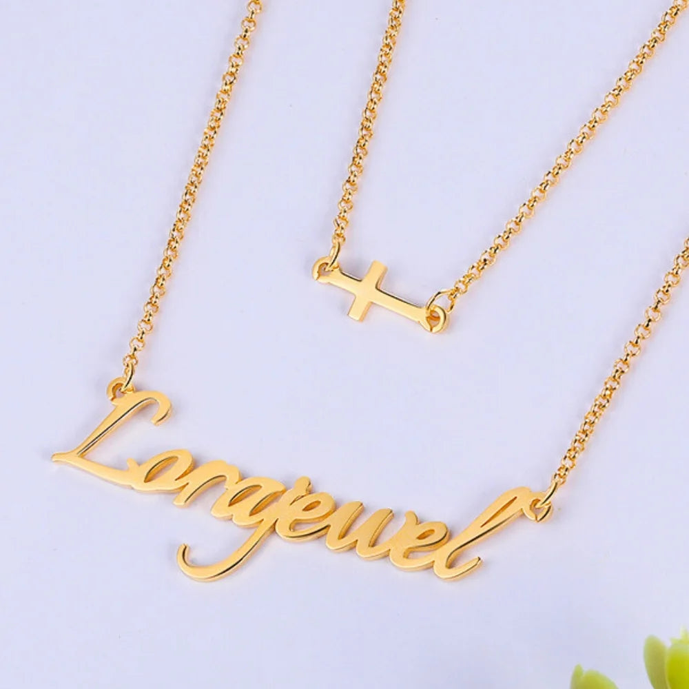 Personalised Two Layer Cross Charm Name Necklace, Personalised Name Jewellery for Women, Custom Name Necklace