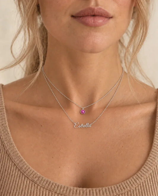 Personalised Birthstone Name Necklace Layered Set - worn on a model