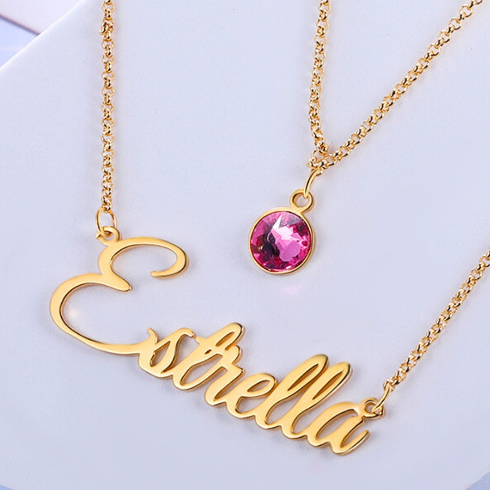 Personalised Two Layer Birthstone Name Necklace Sterling Silver
