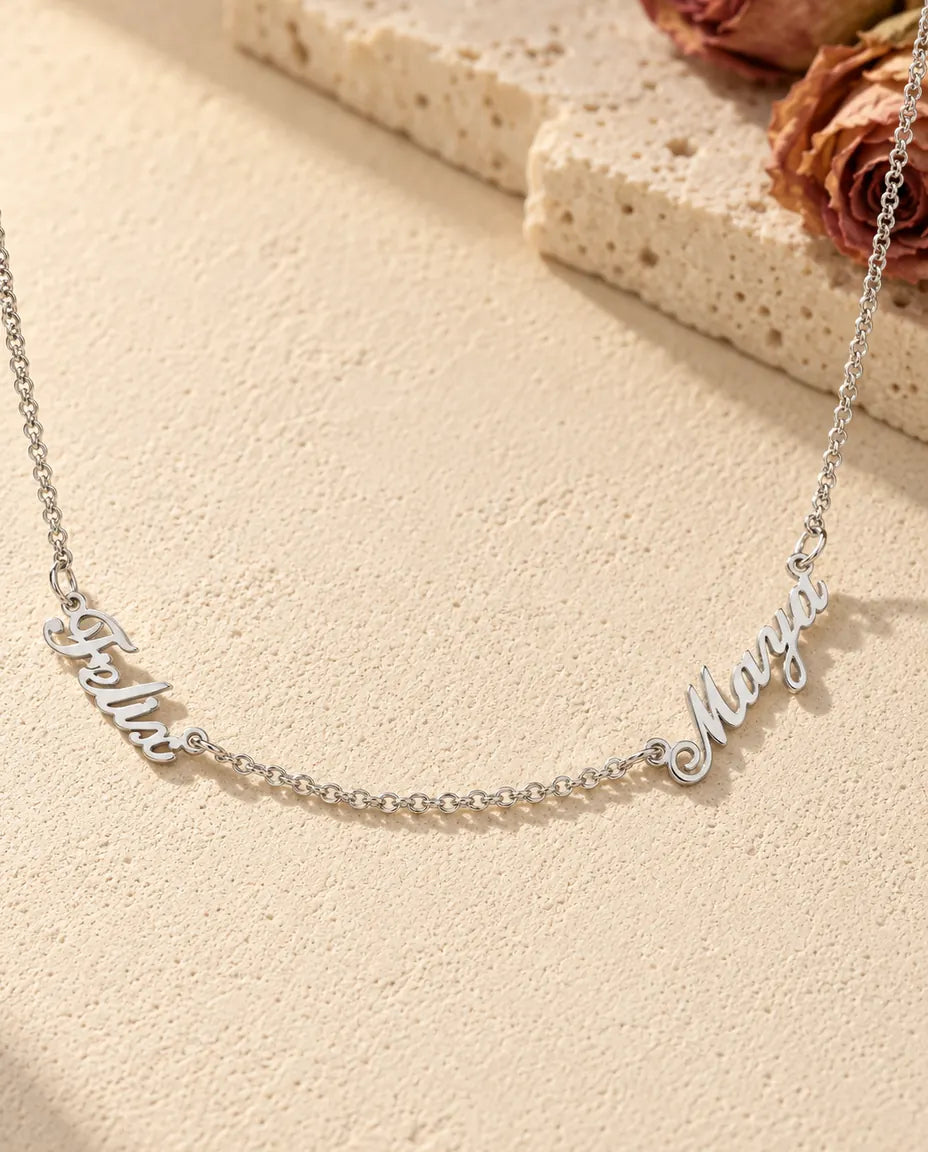 Personalised Two Name Necklace in 925 Sterling Silver - Two Script Nameplates Joined by Chain - front view in silver