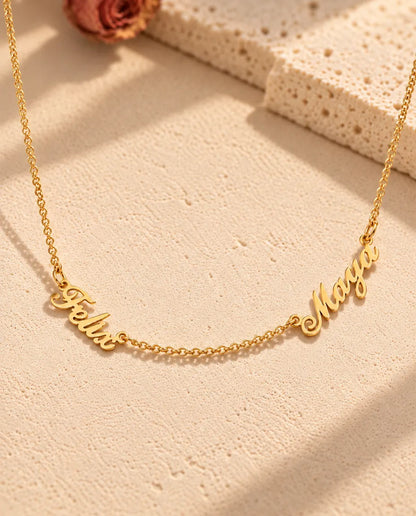 Personalised Two Name Necklace in 925 Sterling Silver - Two Script Nameplates Joined by Chain - in gold finish