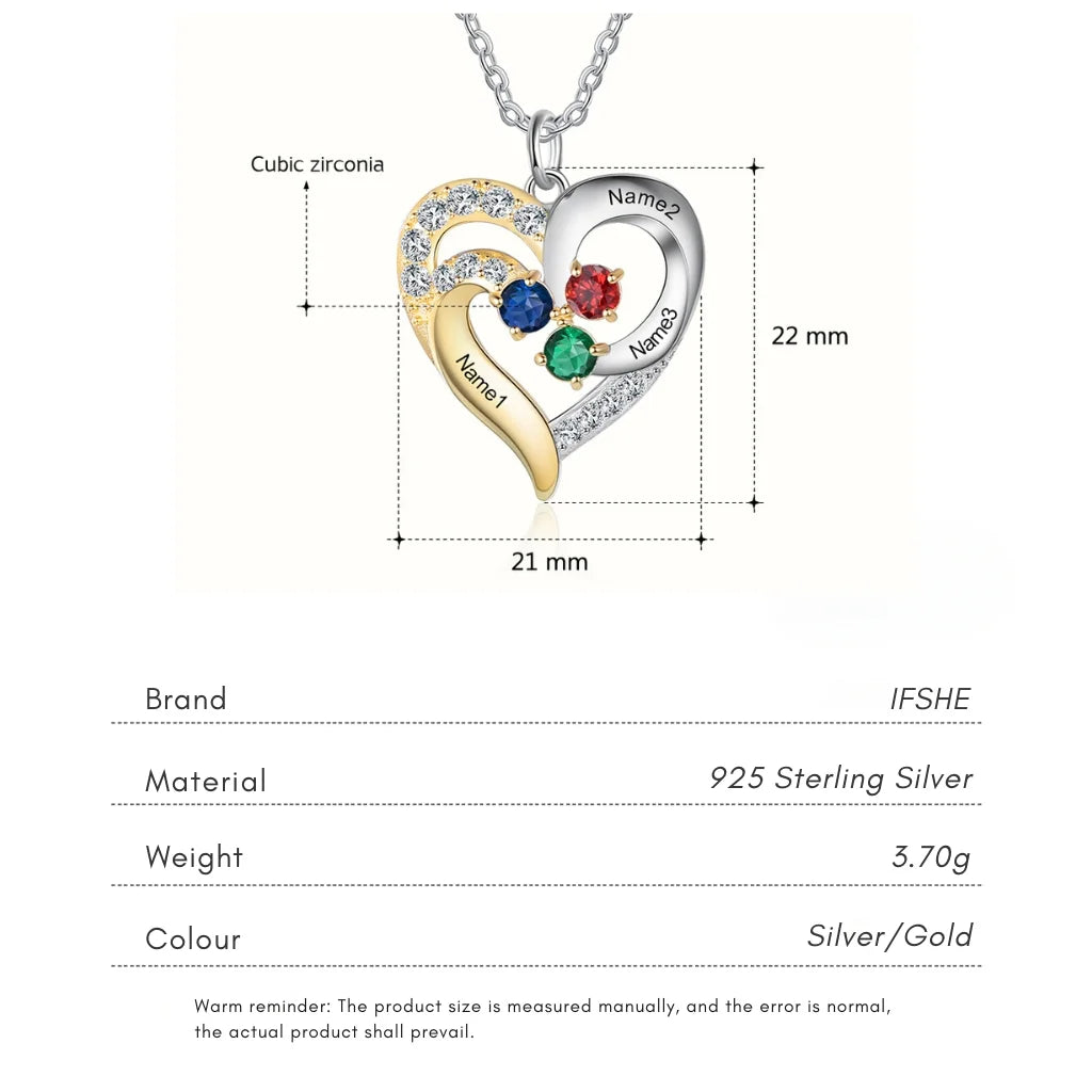 Personalised Two-Tone Heart Pendant: Engraved Names & Family Birthstones, Sterling Silver Gift for Mum