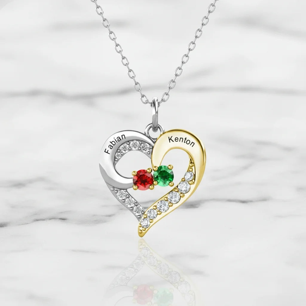 Personalised Two-Tone Heart Pendant: Engraved Names & Family Birthstones, Sterling Silver Gift for Mum