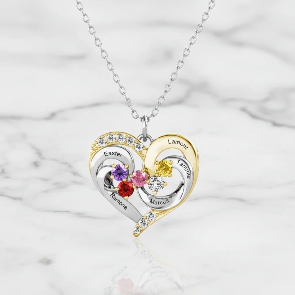 Personalised Two-Tone Heart Pendant: Engraved Names & Family Birthstones, Sterling Silver Gift for Mum
