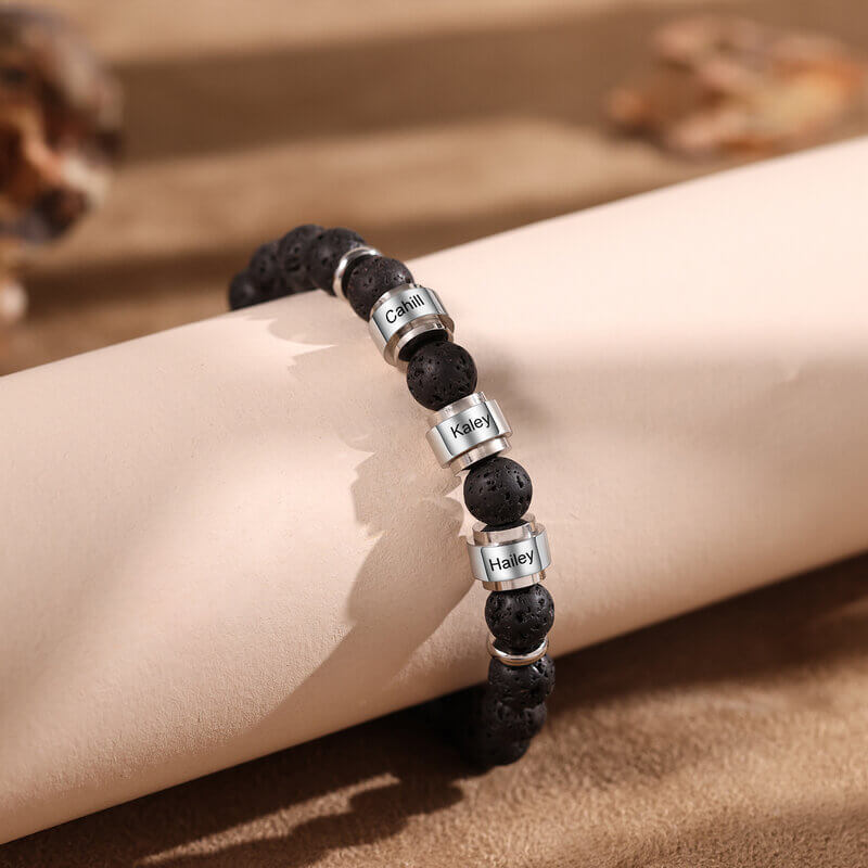 Personalised Volcanic Stone Beads Leather Bracelet with Three Engraved Names