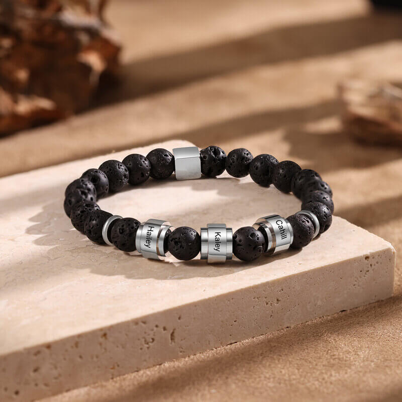 Personalised Volcanic Stone Beads Bracelet with 1-6 Engraved Names