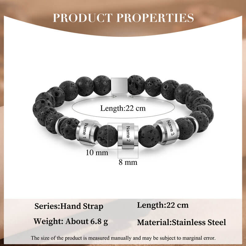 Personalised Volcanic Stone Beads Leather Bracelet with Three Engraved Names