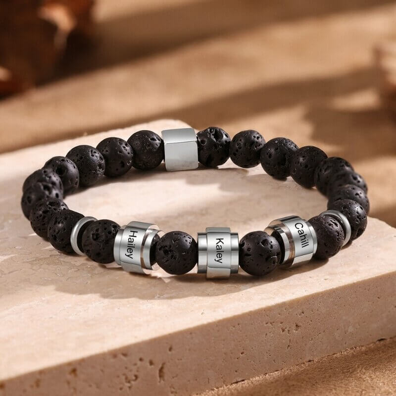Personalised Volcanic Stone Beads Bracelet with 1-6 Engraved Names