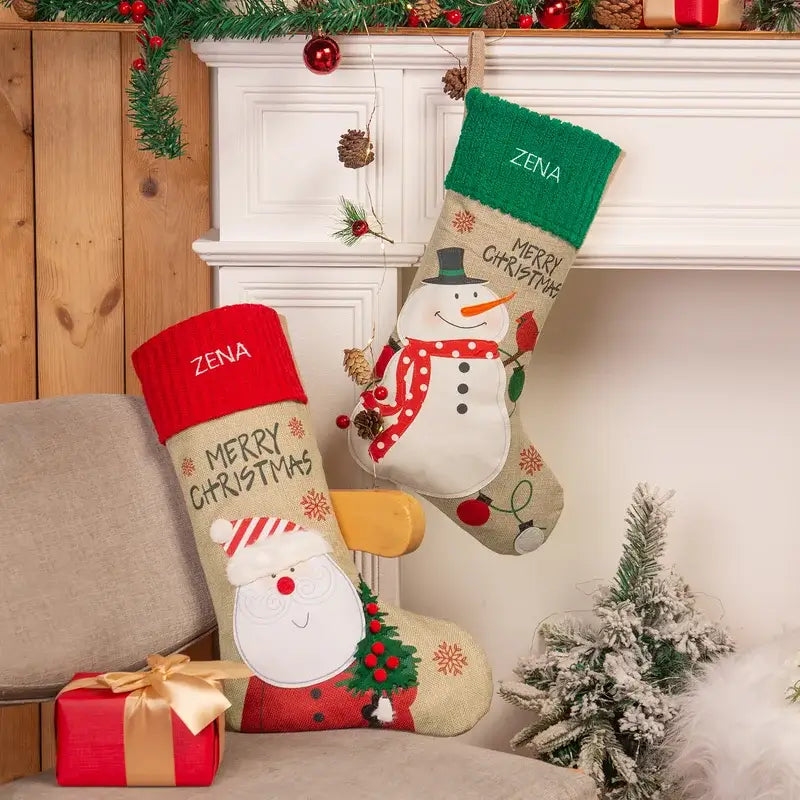 Personalised Christmas Red and Green Linen Stockings/Xmas Candy Bag