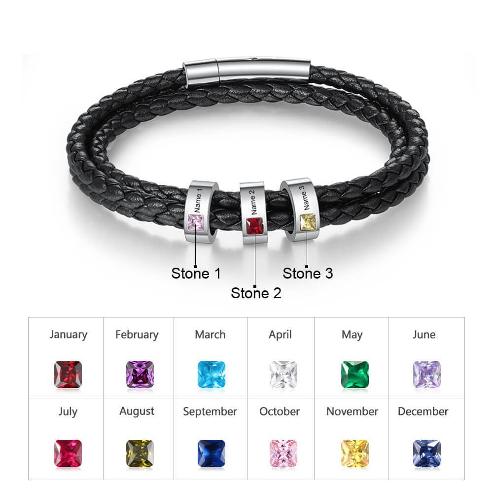 Men's Birthstone Bracelet | Personalised Men's Leather Bracelet | Men's Name Bracelet