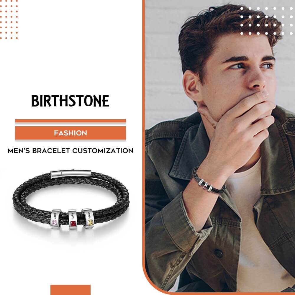 Men's Birthstone Bracelet | Personalised Men's Leather Bracelet | Men's Name Bracelet