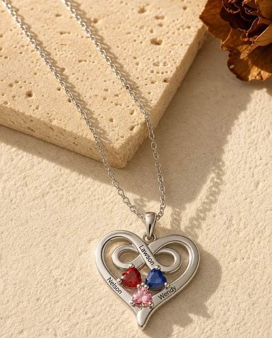 Personalised Heart Birthstone Necklace with 3 Names Engraved - front view in silver