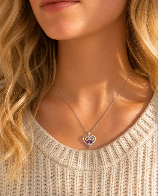 Personalised Heart Birthstone Necklace with 3 Names Engraved - worn on a model