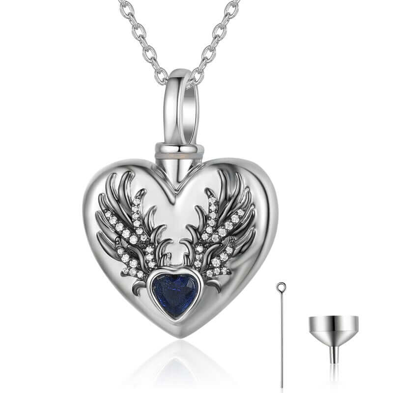 Phoenix Wings Heart Locket with Ashes - Engraved Ashes Necklace with Heart Birthstone