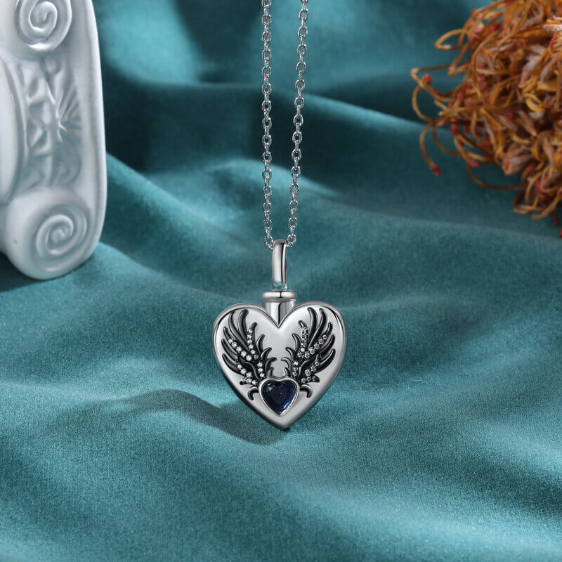 Phoenix Wings Heart Locket with Ashes - Engraved Ashes Necklace with Heart Birthstone