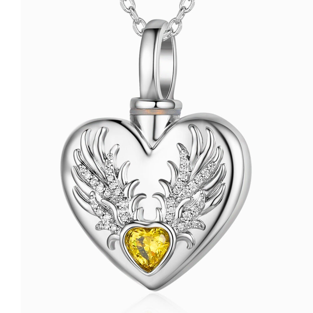 Phoenix Wings Heart Locket with Ashes - Personalised Ashes Necklace with Heart Birthstone | Ashes Jewellery