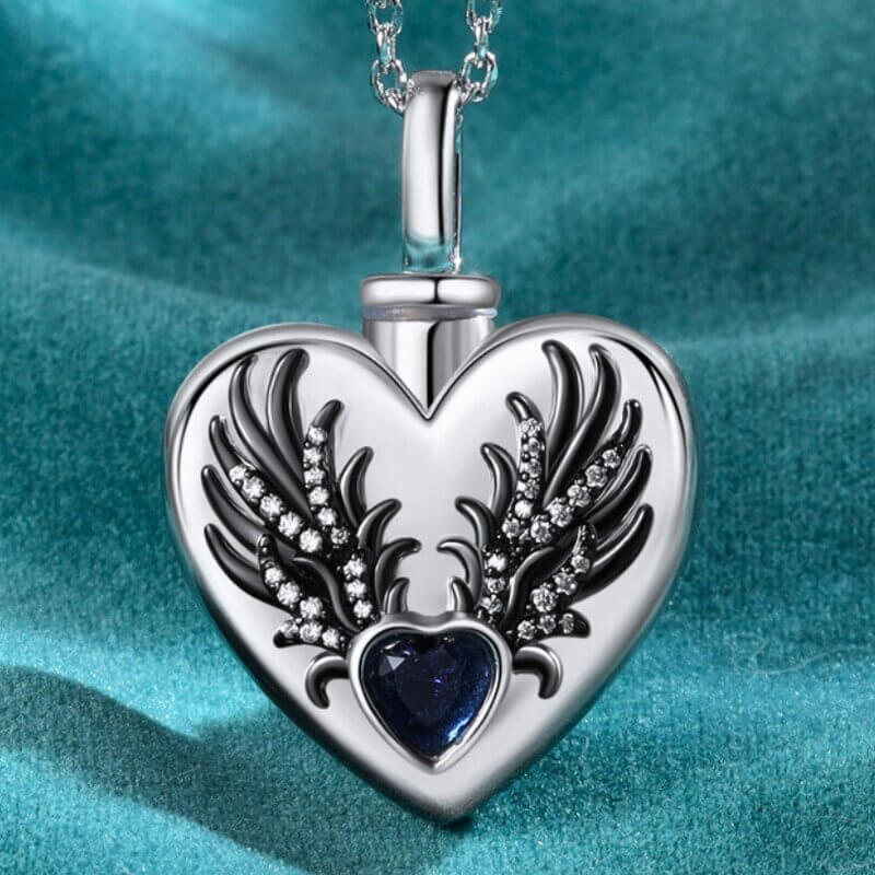 Phoenix Wings Heart Locket with Ashes - Engraved Ashes Necklace with Heart Birthstone