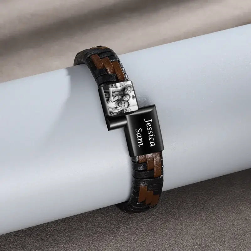 Photo Bracelet for Men - Men's Leather Engraved Name Bracelet
