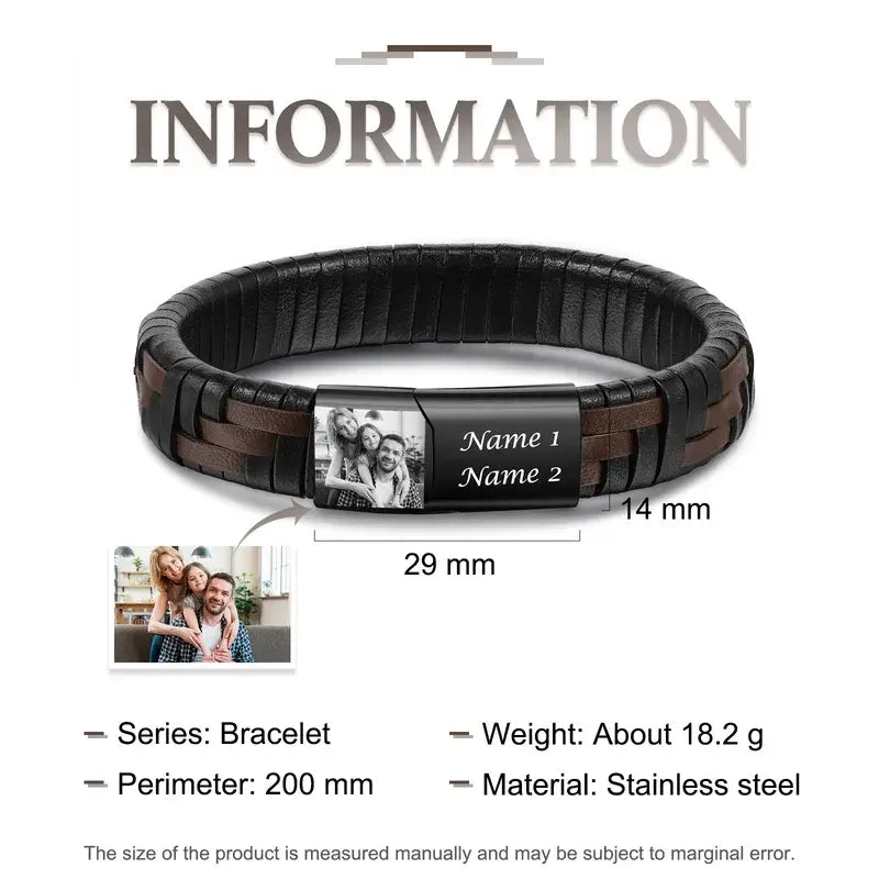 Photo Bracelet for Men - Men's Leather Engraved Name Bracelet