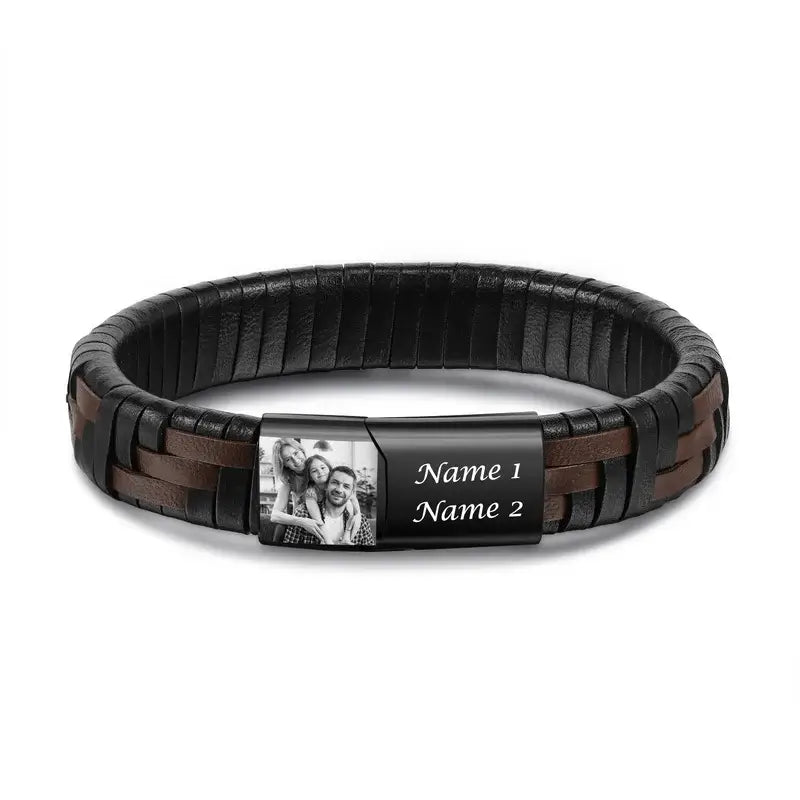 Photo Bracelet for Men - Men's Leather Engraved Name Bracelet