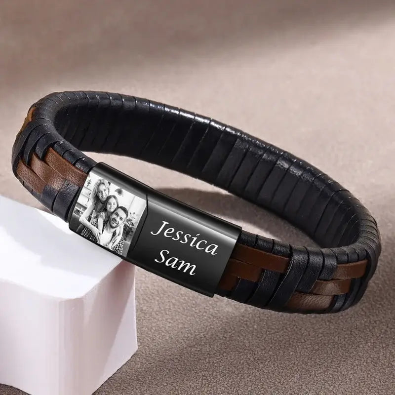 Photo Bracelet for Men - Men's Leather Engraved Name Bracelet