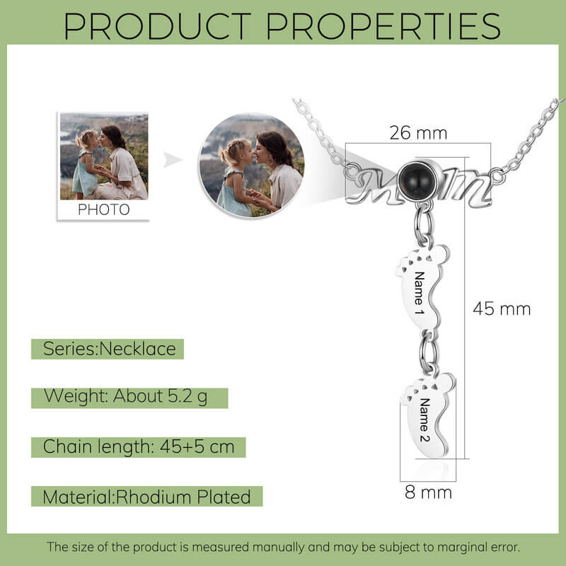 Photo Projection Mom Necklace with Engraved Baby Feet Charms