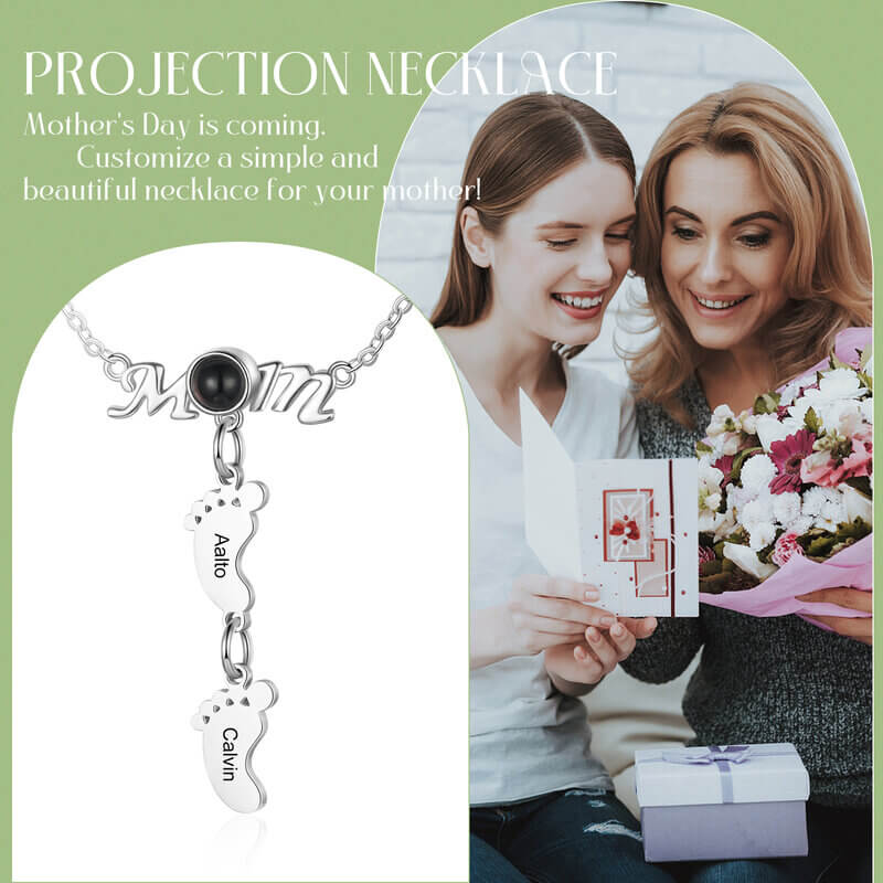 Photo Projection Mom Necklace with Engraved Baby Feet Charms