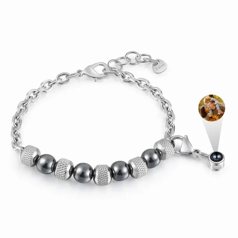 Elegant Photo Projection Beaded Bracelet with Picture Inside – Customisable Image, Copper & Stainless Steel