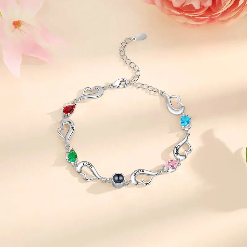 Photo Projection Bracelet | Engraved 4 Names Personalised Birthstone Bracelet