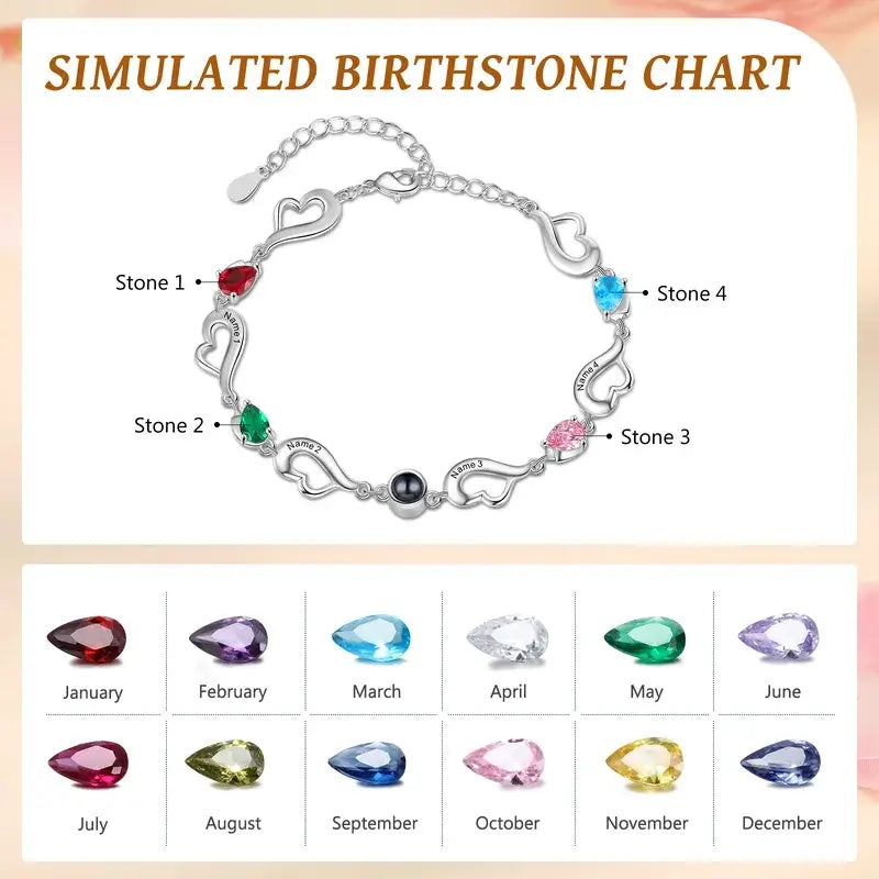 Photo Projection Bracelet | Engraved 4 Names Personalised Birthstone Bracelet