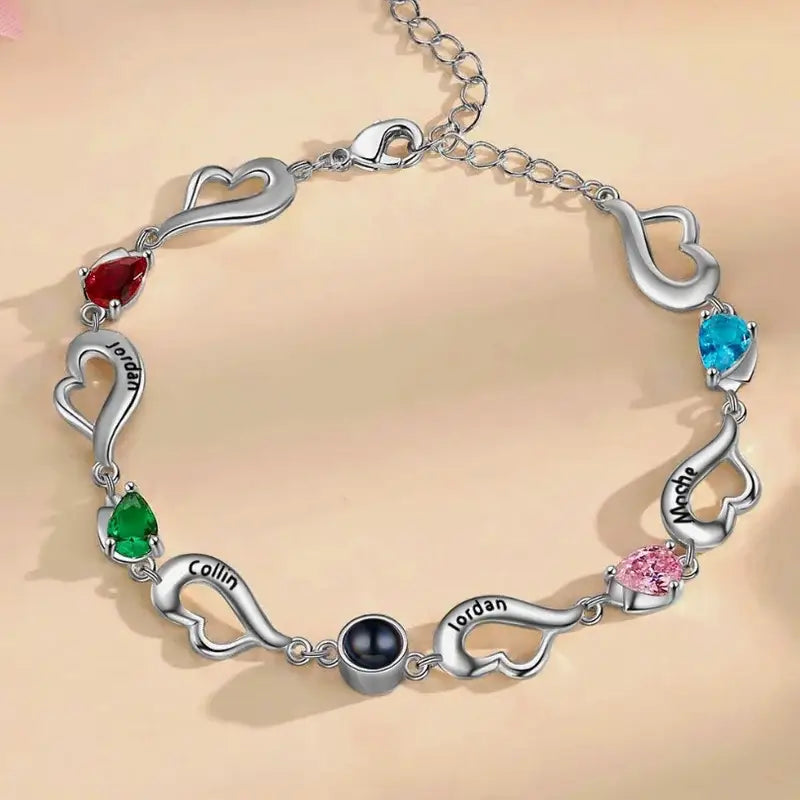 Photo Projection Bracelet | Engraved 4 Names Personalised Birthstone Bracelet