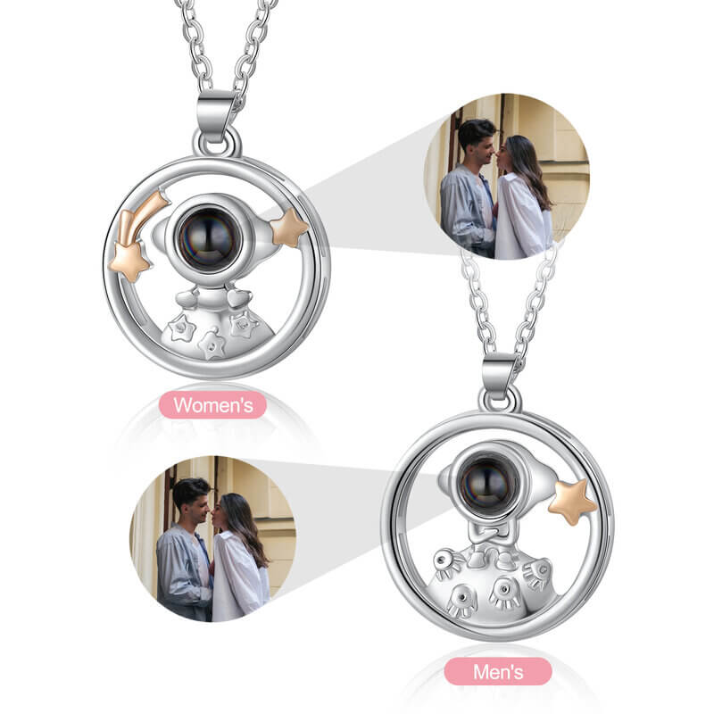 Personalised Photo Projection Couple Necklaces Astronaut Pendants
