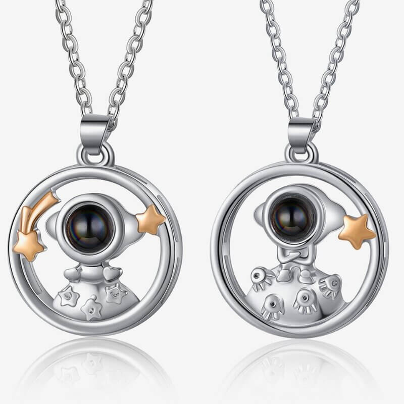 Personalised Photo Projection Couple Necklaces Astronaut Pendants