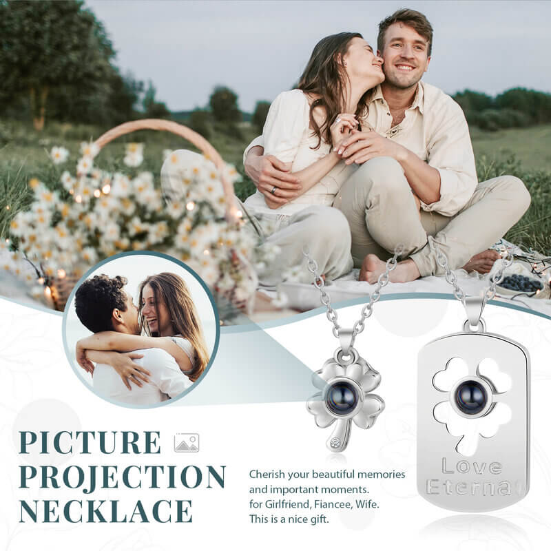 Personalised Photo Projection Four Leaf Clover Couple Necklaces