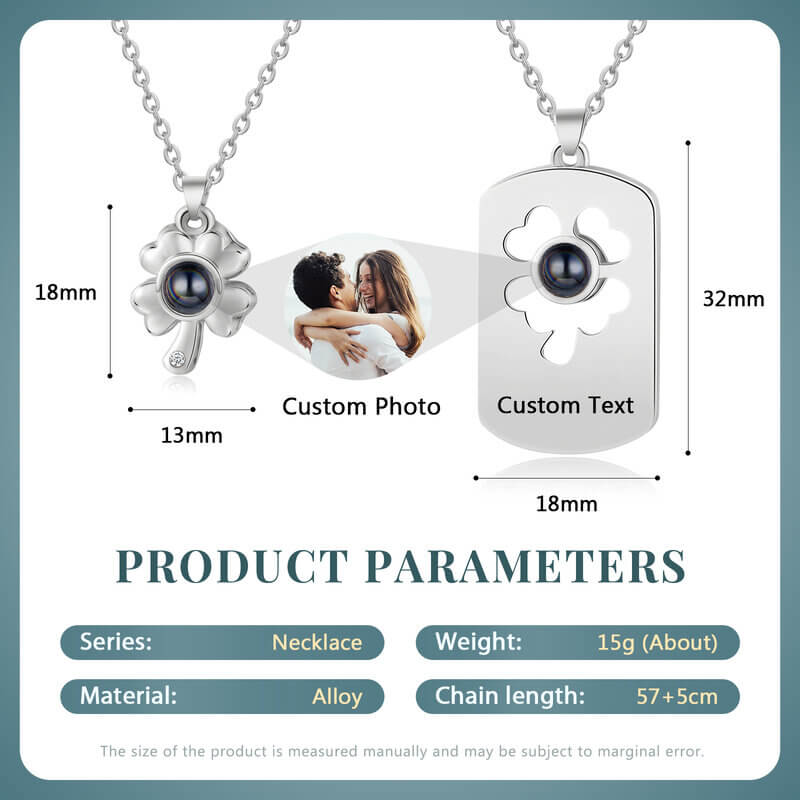 Personalised Photo Projection Four Leaf Clover Couple Necklaces