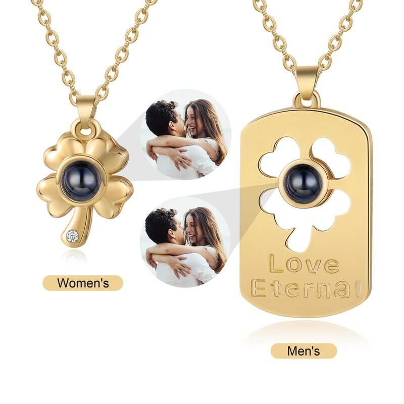 Personalised Photo Projection Four Leaf Clover Couple Necklaces