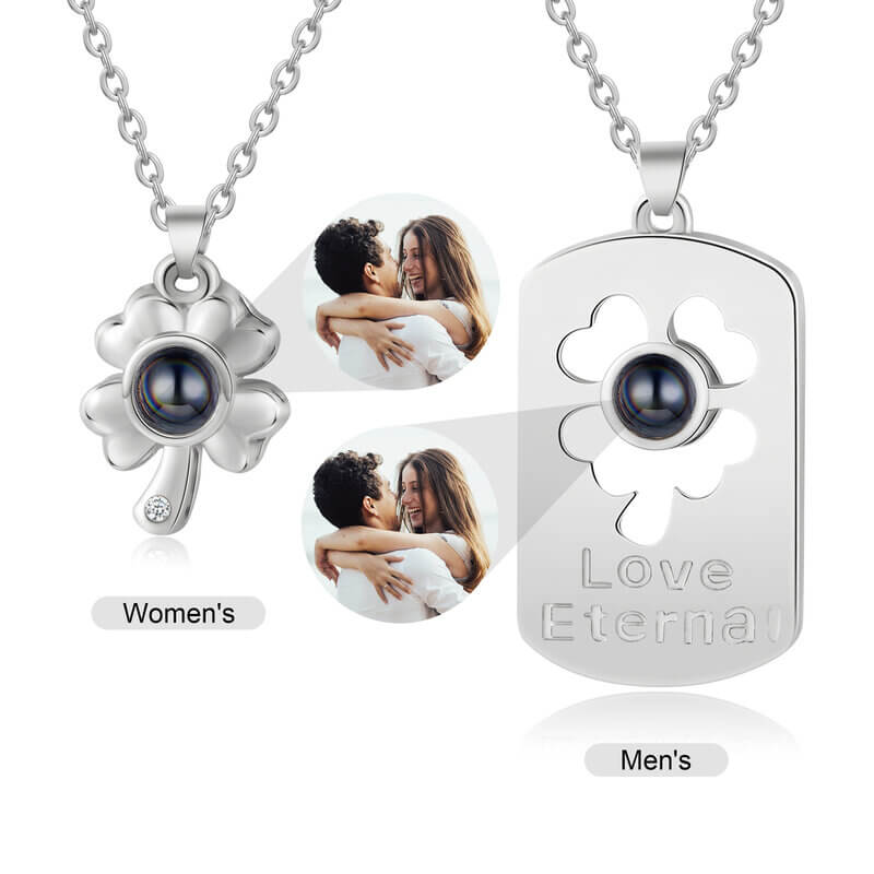 Personalised Photo Projection Four Leaf Clover Couple Necklaces