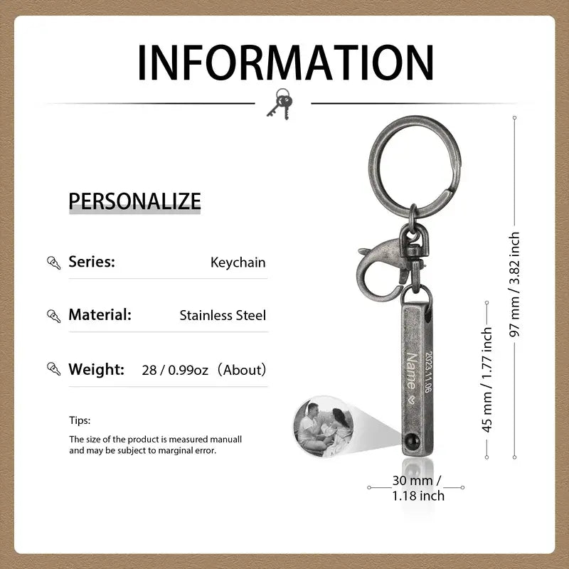 Photo Keyring | Projection Keyring | Personalised Keyring 3D Vertical Engraved Bar | Name Keyring