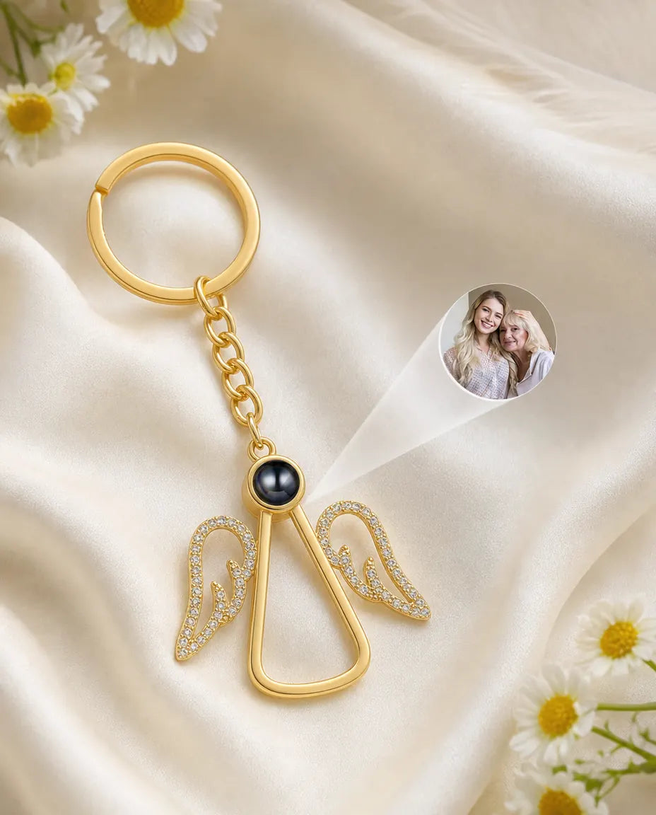 Angel photo projection keyring casting a personalised picture of a mother and daughter