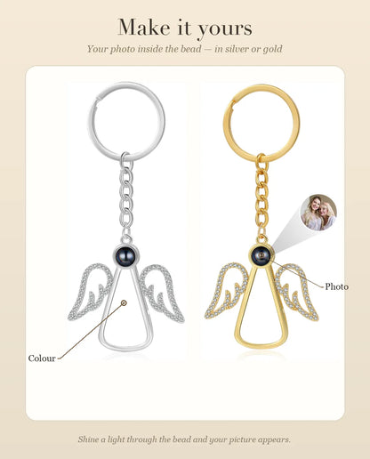 Personalisation guide for the angel photo keyring: photo bead and silver or gold colour
