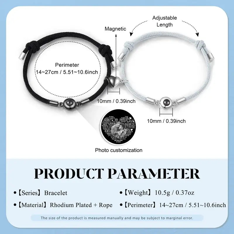 Couple Bracelets with Photo Projection Charm | Matching Bracelets with Couple Photo Inside | His and Her Photo Magnetic Bracelet