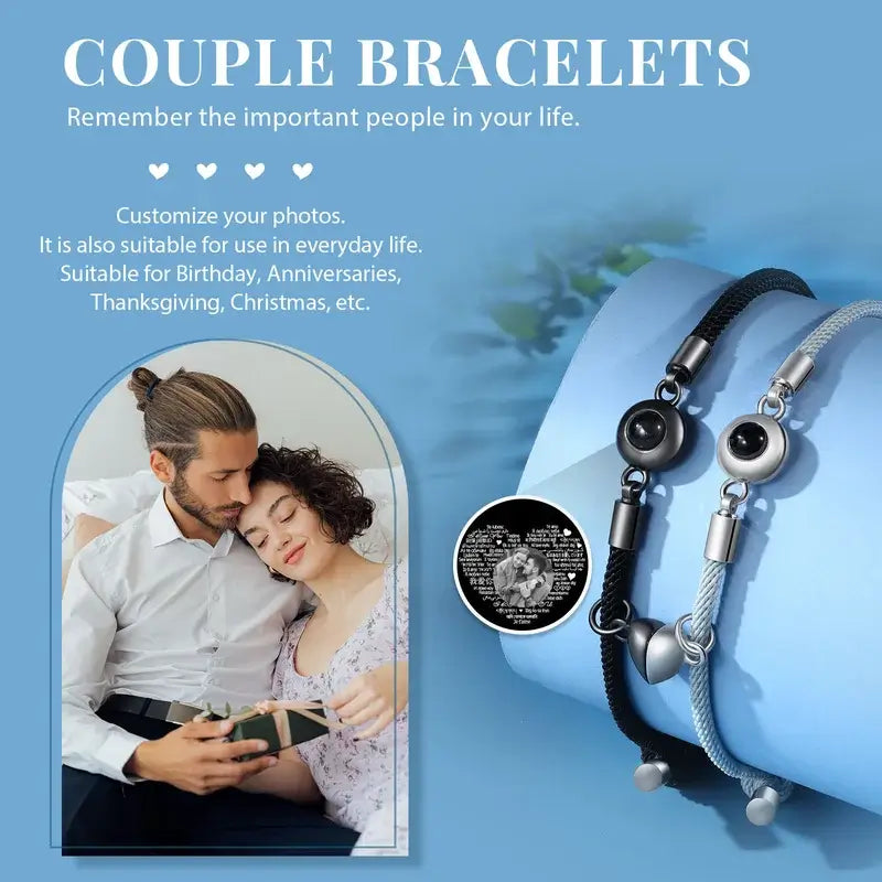 Couple Bracelets with Photo Projection Charm | Matching Bracelets with Couple Photo Inside | His and Her Photo Magnetic Bracelet