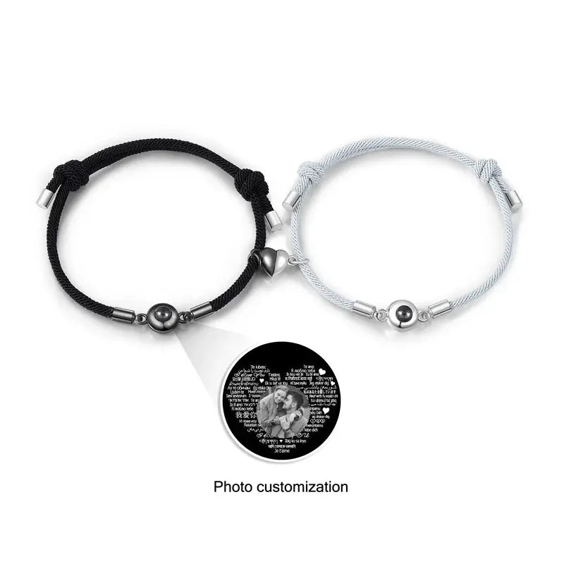 Couple Bracelets with Photo Projection Charm | Matching Bracelets with Couple Photo Inside | His and Her Photo Magnetic Bracelet
