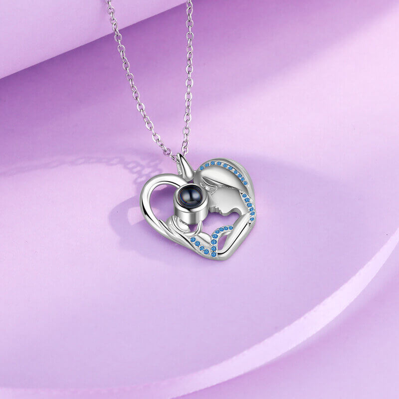 Photo Projection Necklace with Mother and Daughter Heart Pendant