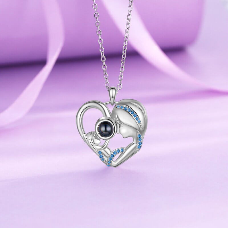 Photo Projection Necklace with Mother and Daughter Heart Pendant