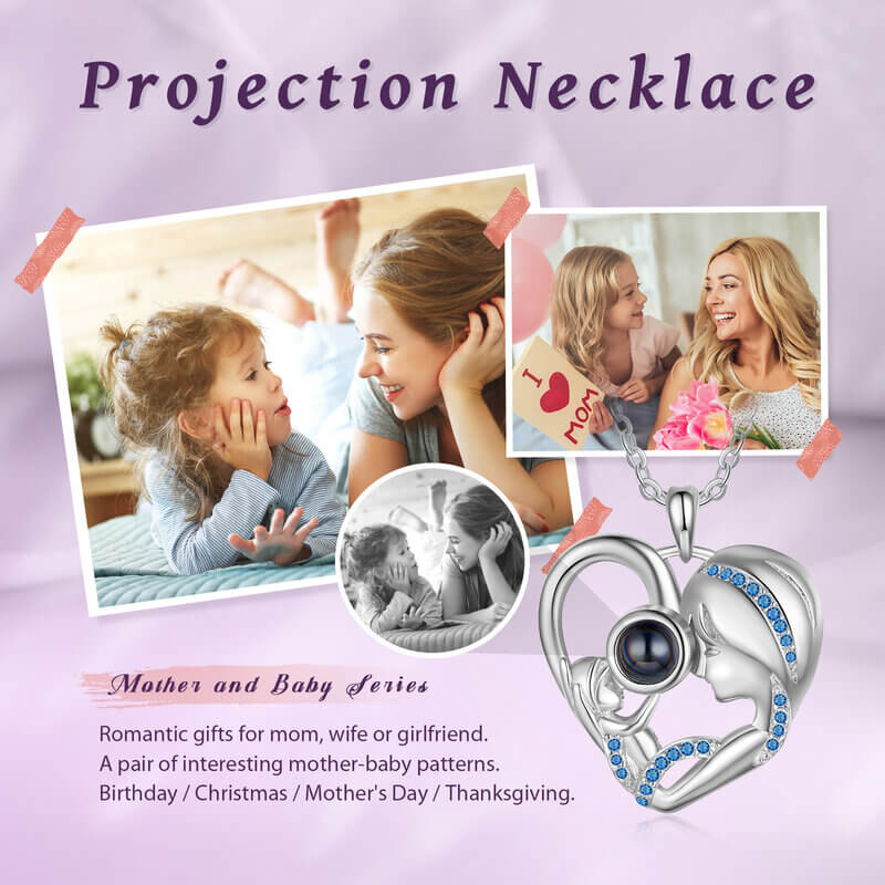 Photo Projection Necklace with Mother and Daughter Heart Pendant