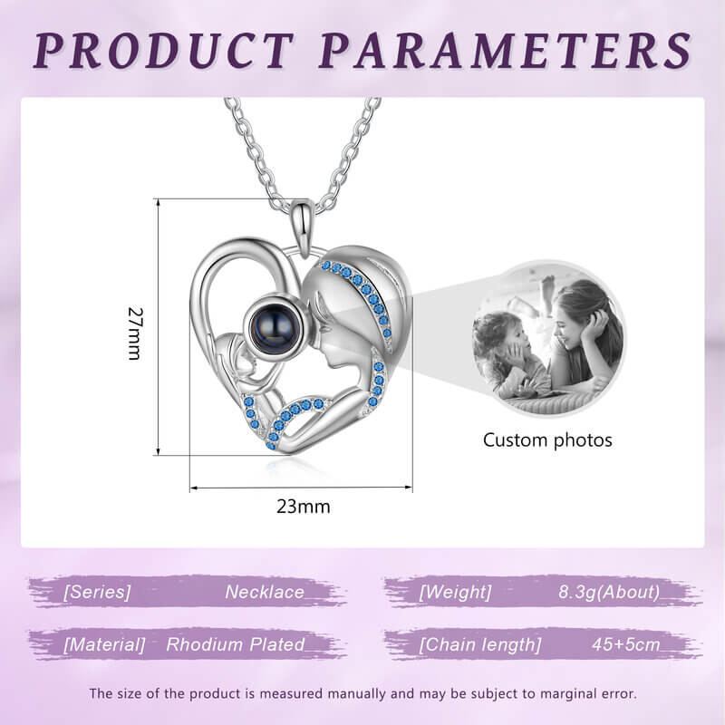 Photo Projection Necklace with Mother and Daughter Heart Pendant